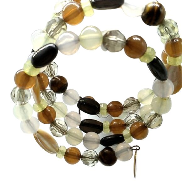 Beaded Bracelet Memory Wire 4 Coil Wrap Earth Tones Mixed Media - Picture 1 of 5